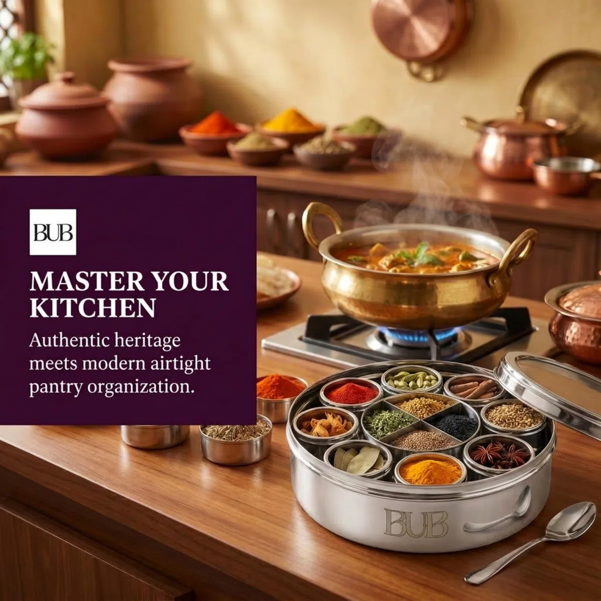 Bub: Masala Dabba - Contenitore per spezie grande da 22 cm, 9 barattoli per spezie con coperchi singoli, contiene 12 spezie, in acciaio inox lucido, con cucchiaio da portata e coperchi in acrilico
