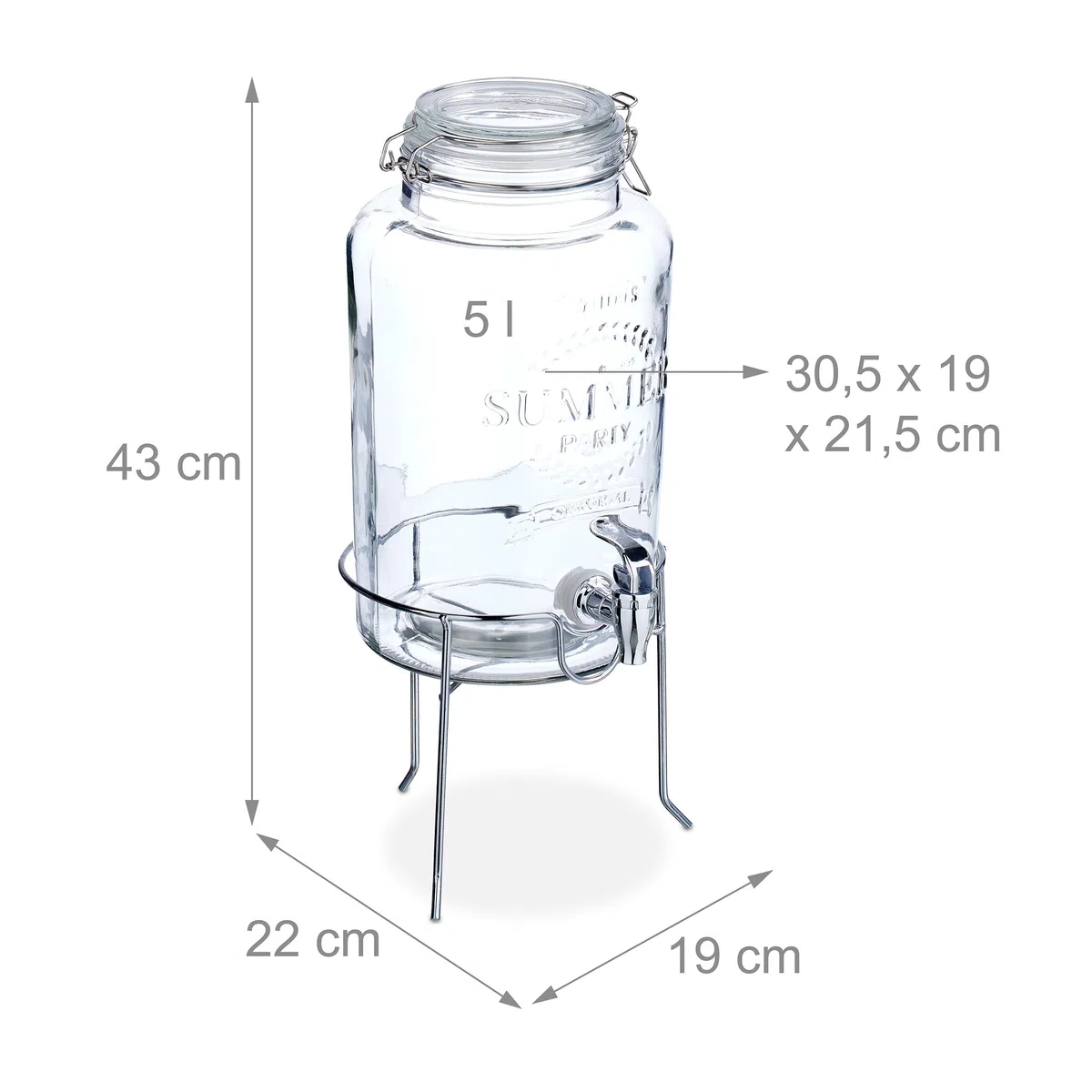 Relaxdays Dispenser in Vetro per Bevande, Erogatore 5 L Rubinetto, Coperchio e Rialzo, Distribuitore Acqua e Limonata