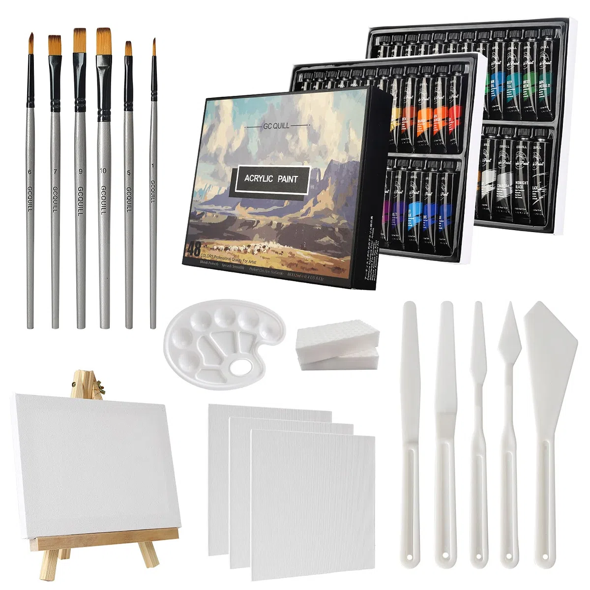 48 colori per pittura acrilica Set 6 pennelli, palette di coltelli, tela, cavalletto, per pittura artistica su legno, ceramica, tessuto, artigianato GC-APK48