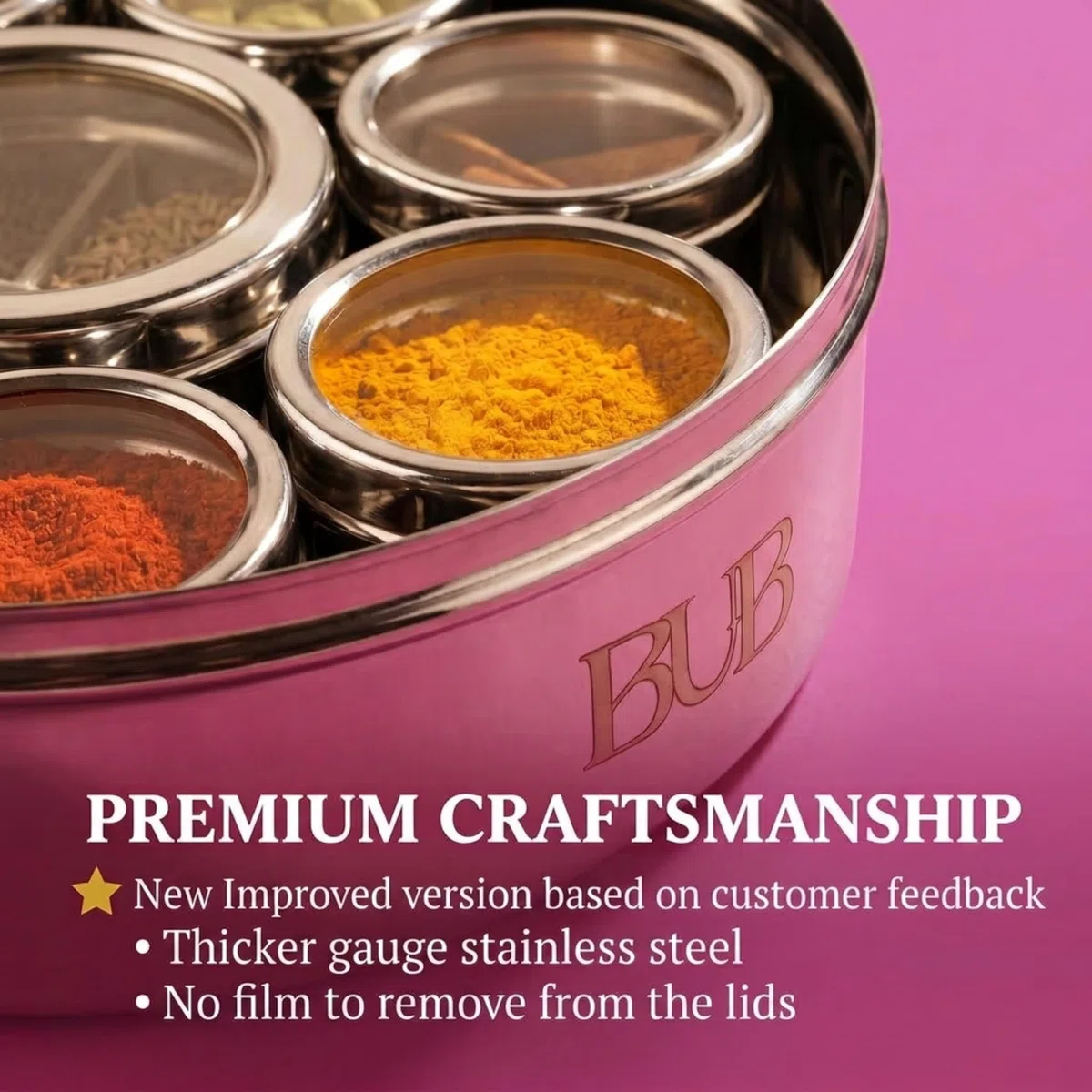 Bub: Masala Dabba - Contenitore per spezie grande da 22 cm, 9 barattoli per spezie con coperchi singoli, contiene 12 spezie, in acciaio inox lucido, con cucchiaio da portata e coperchi in acrilico