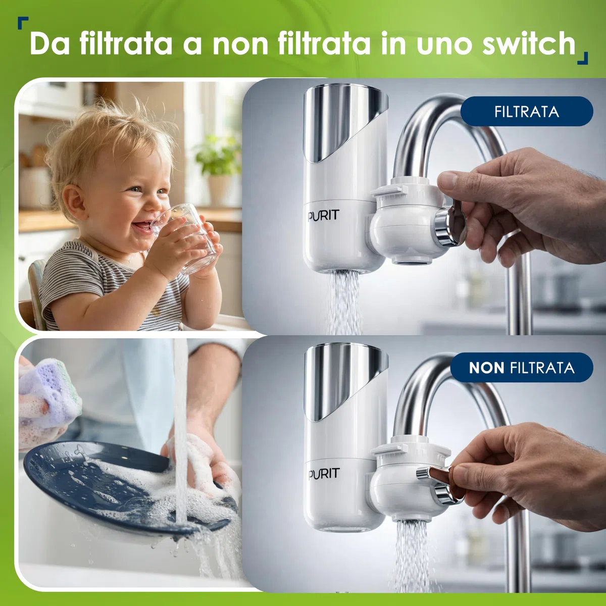 PURIT Filtro Acqua Rubinetto Cucina - Riduce Cloro, Metalli, Batteri e PFAS - Cartucce ECO in Ceramica Diatomea e Carbone Attivo Vegetale, 1pz Incluso - 1000 lt.