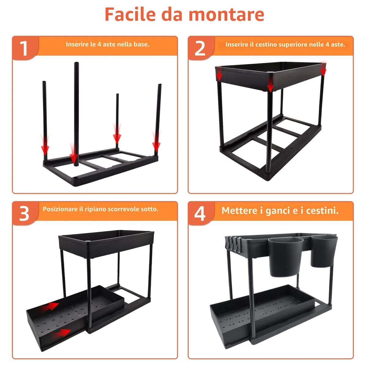 Organizer Sottolavello Cucina a 2 Livelli Organizer Bagno Portaoggetti 4 Cuscinetti Antiscivolo e 4 Ganci 2 Tazze Sospese Portaoggetti Scorrevole Rimovibile Adatto Per La Cucina Del Bagno