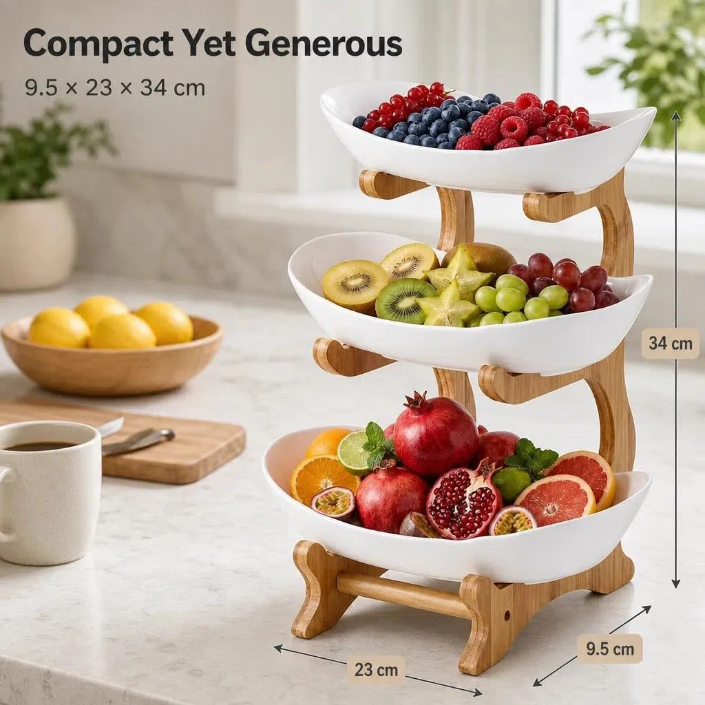 Alzata per frutta con 3 ripiani, con supporto in legno, per verdure, frutta, snack (ceramica)