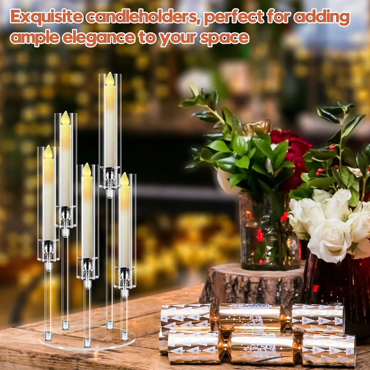 Candelabro Singolo in Acrilico 5 Bracci, Portacandele Alto 58 cm, Centrotavola per Matrimonio e Natale, Decorazione per Tavolo Camino o Festa, per Candele LED 2 cm