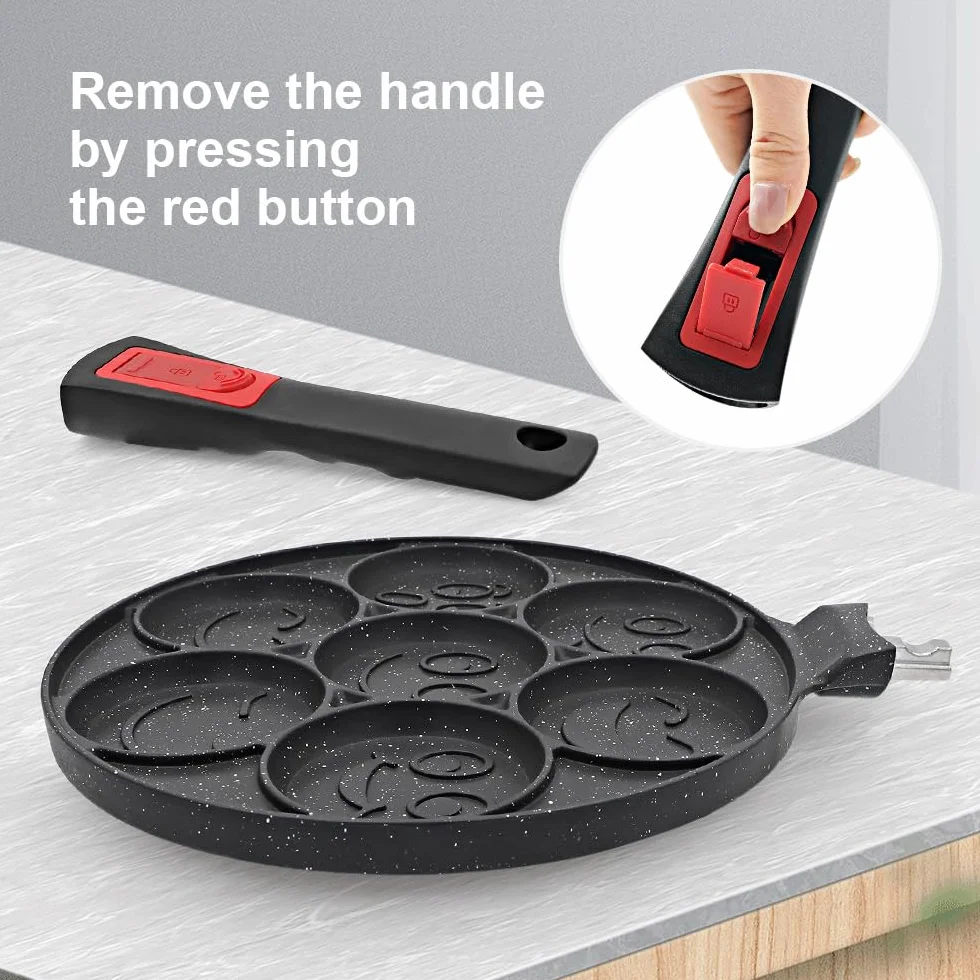 RANX INGST Padella Pancake 26 cm, Piastra Pancake con Maniglia Rimovibile 7 Fori Antiaderente per Colazione - Nero