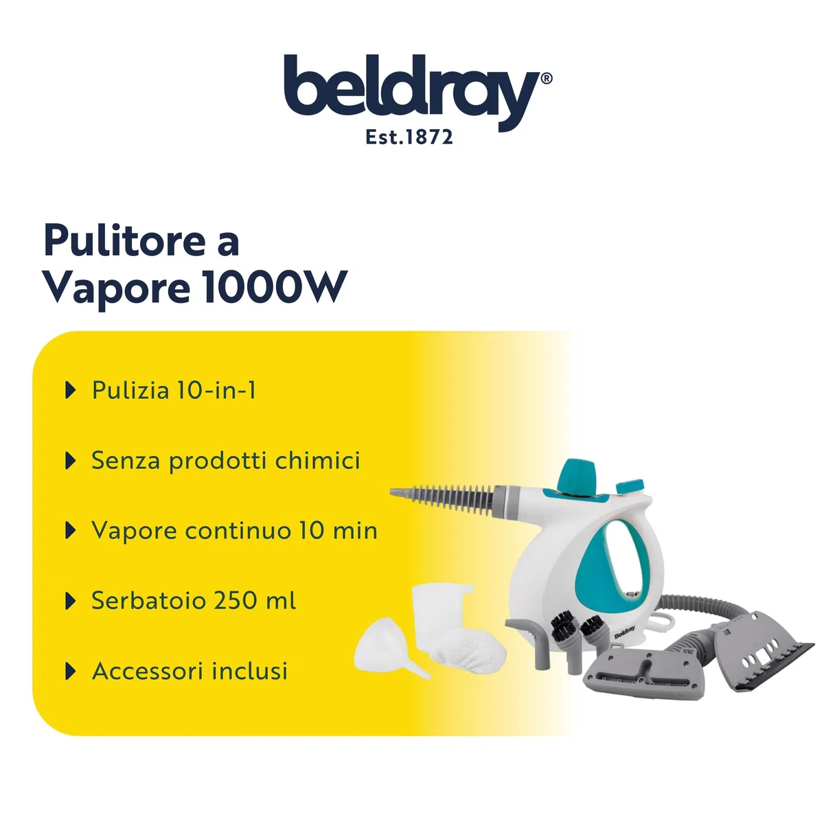 Beldray BEL0701TQN Detergente a vapore portatile 10-in-1, perfetto per tappezzeria, Piastrelle per bagno, specchi e finestre, scopa a vapore detersivo, Uccide efficacemente i batteri, Turchese, 1000W