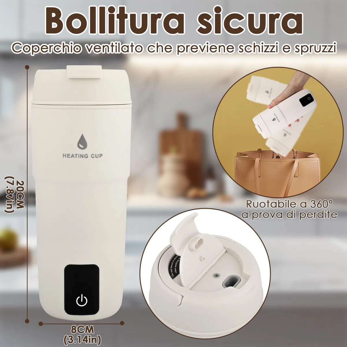 GuKKK Bollitore da Viaggio Piccolo Elettrico, 350 ml, 3 in 1 Doppio Strato 304 Bollitore in Acciaio Inox Spegnimento Automatico con Regolazione della Temperatura per latte per bambini,hotel,caffè