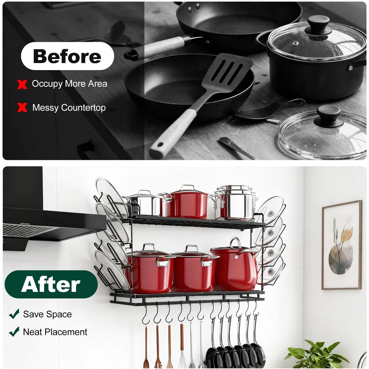 Housolution Porta Pentole da Parete, Lunghezza Estensibile da 57 a 77 cm, Altezza Regolabile su 3 Livelli, Organizer Padelle con 12 Ganci Verticali e 8 Supporti per Coperchi
