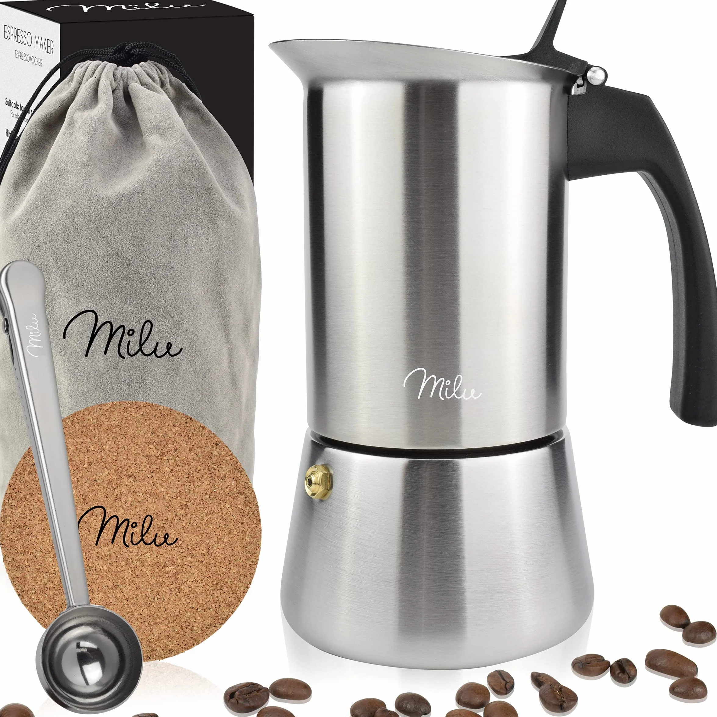 Milu Caffettiera Induzione | 2, 4, 6, 9 Tazze | Caffettiera Espresso in Acciaio Inox, Adatta all'Induzione, Set comprendente sottobicchiere, cucchiaio, spazzola (6 Tazze 300ml)