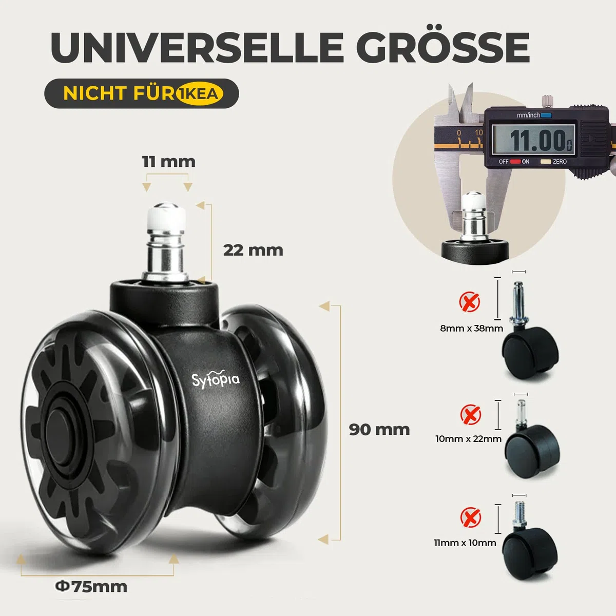 Sytopia Set di 5 ruote per sedie da ufficio, 11 mm x 22 mm, ruote per sedie da ufficio, ruote per sedie da ufficio, ruote per sedie da ufficio, ruote di ricambio