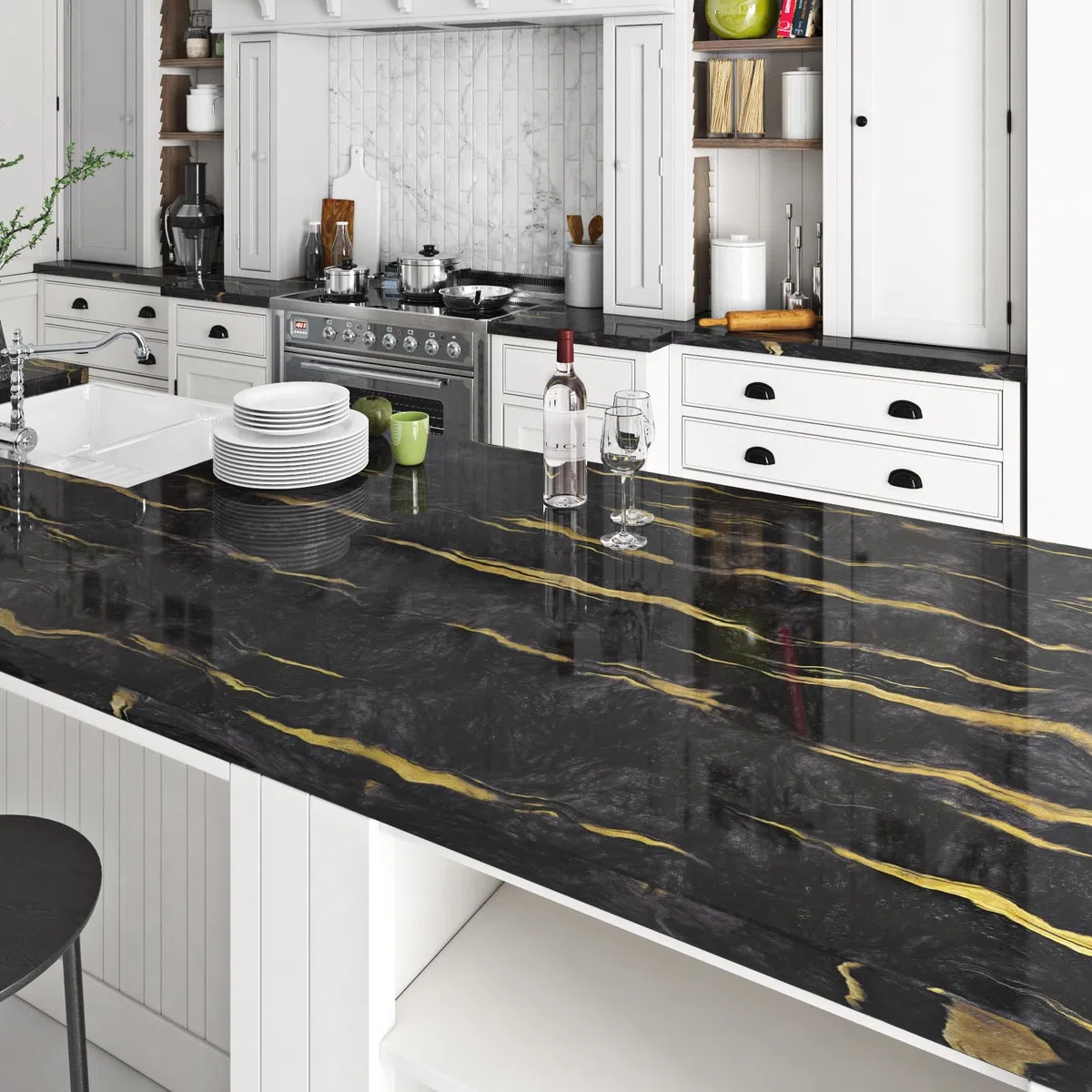 Livelynine Carta Adesiva per Mobili Cucina Lavabile Marmo Nero Oro 60CMx5M Carta da Parati Adesiva Muro Effetto Marmo Scuro Bagno Rivestimento Adesivo per Mobili Cucina Top Tavolo Cassetti Armadio