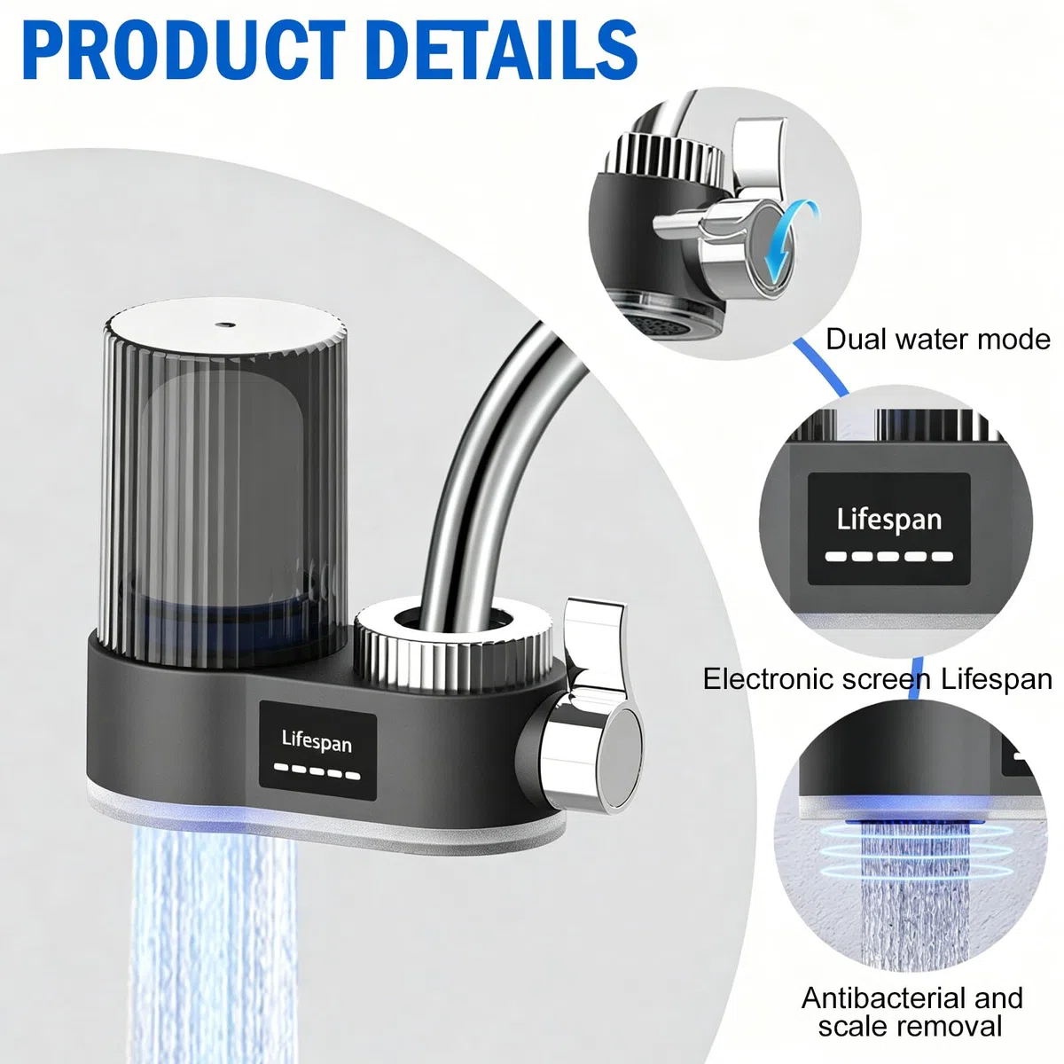 Filtro acqua per rubinetto con indicatore LED, filtro acqua potabile, filtro acqua potabile rimuove cloro, metalli pesanti, sterilizzazione UV (con 2 filtri) per cucina viaggio animali domestici