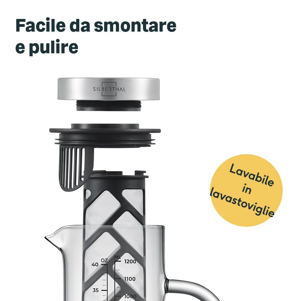 SILBERTHAL Caraffa in vetro e acciaio inossidabile, filtro a maglia fine rimovibile, 1,3 litri, brocca per acqua infusa e fredda Brew e tè ghiacciati