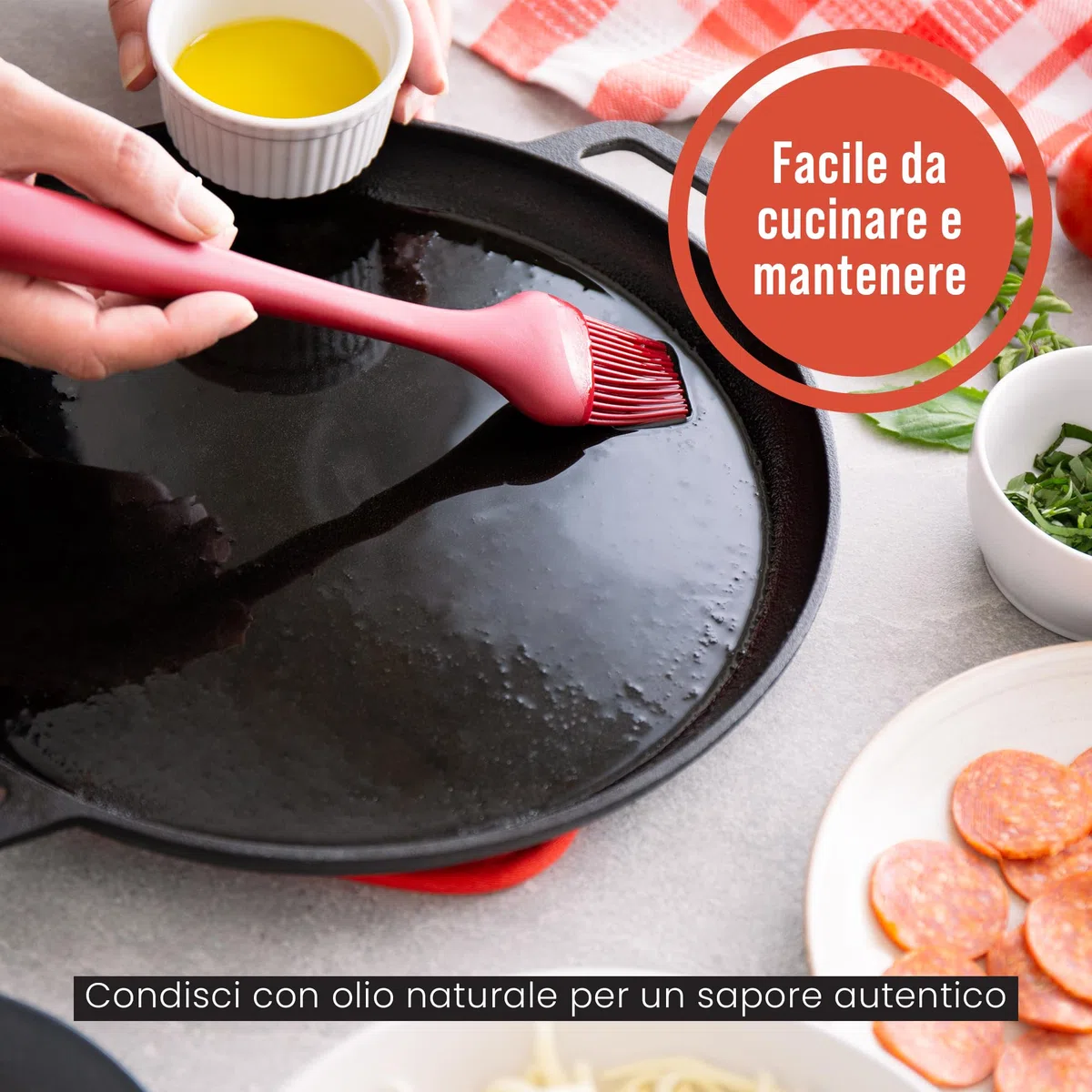 Chef Pomodoro Teglia per Pizza Rotonda in Ghisa Antiaderente da, Teglia Pizza Rotonda con Maniglie, Resiste ad Alte Temperature, Padella Pizza Adatta a Forni, Barbecue, Falò (30 cm)