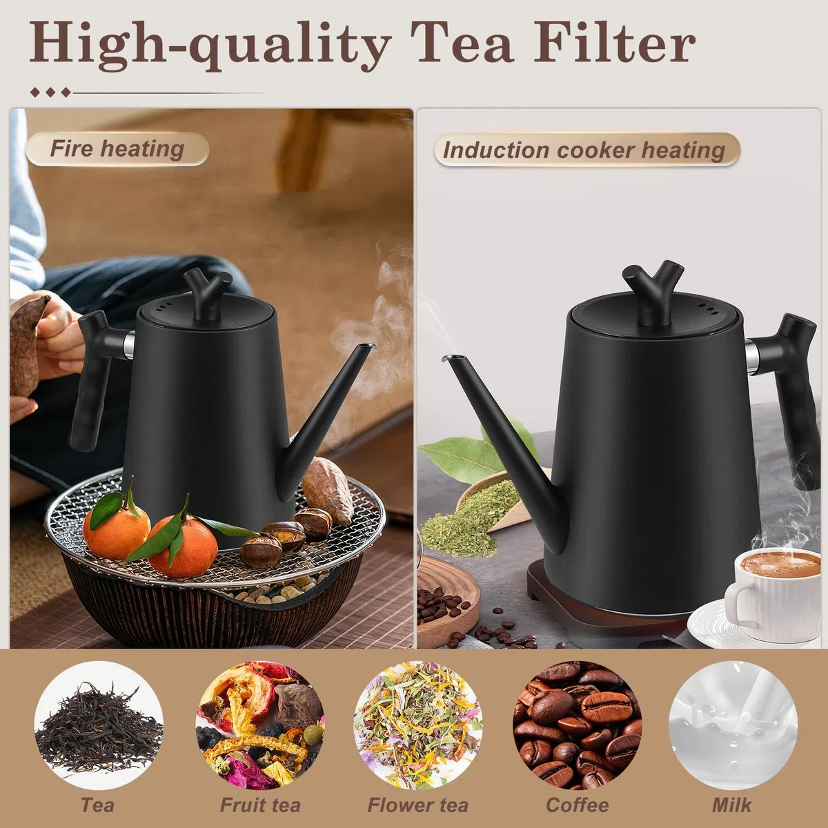 Teiera termica con colino da tè, 1,5 litri, in acciaio inox, a doppia parete, colore nero, con filtro per tè e caffè, 100% antigoccia, adatta a tutti i piani cottura, design moderno