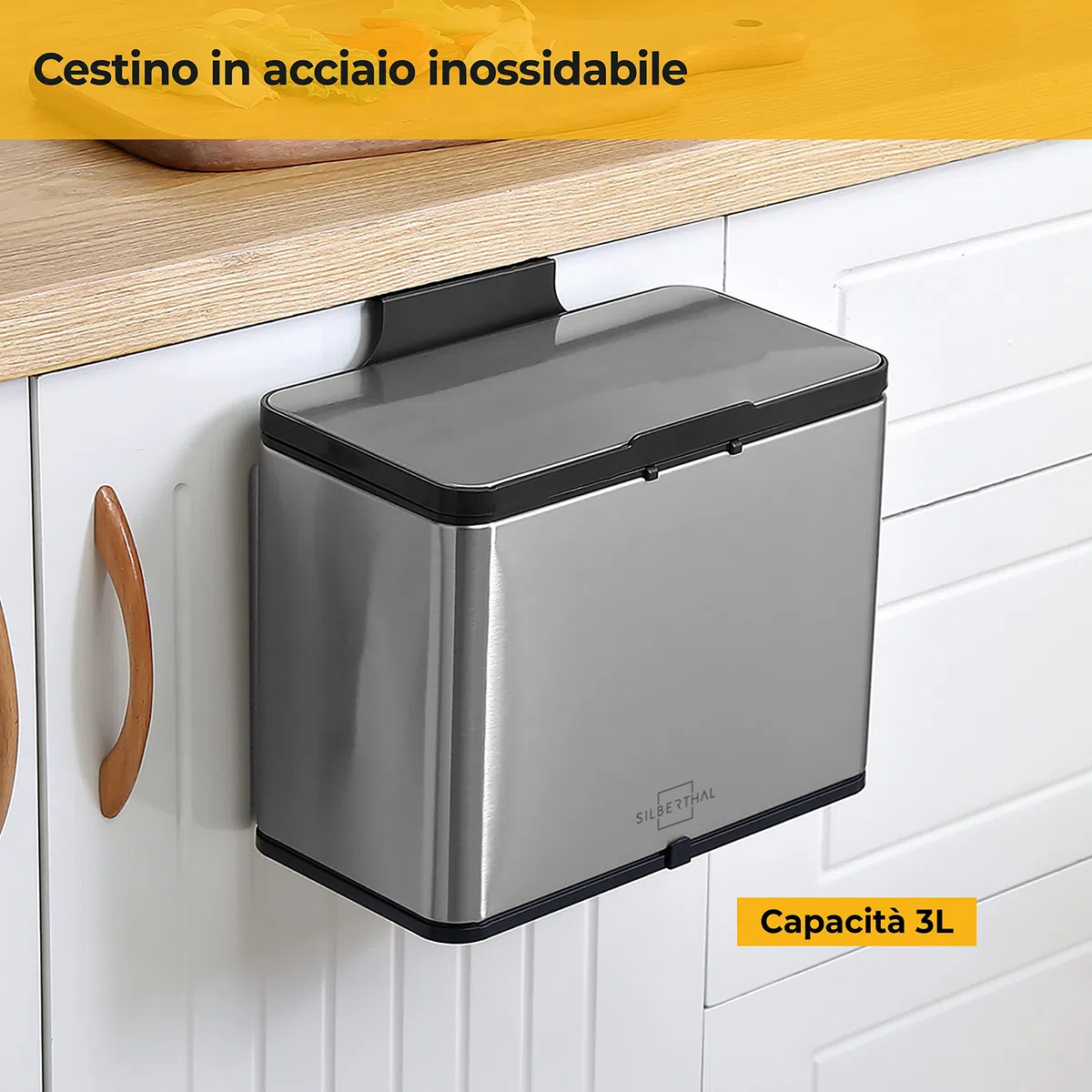 SILBERTHAL Pattumiera biologica da cucina, 3 l, in acciaio inox, con coperchio, per compost da cucina, con filtro ai carboni attivi, contenitore interno lavabile in lavastoviglie