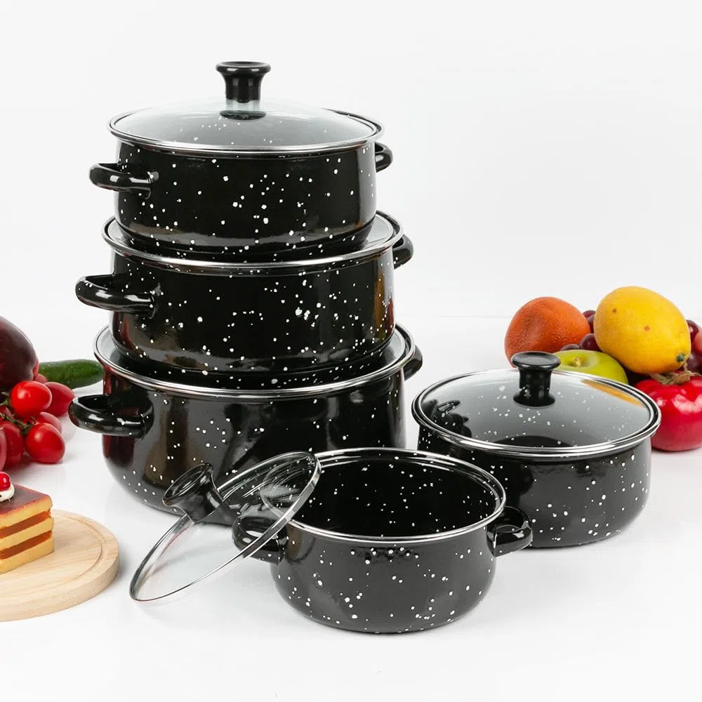 Herzberg HG04128 - Set di 10 pentole e padelle con coperchi in vetro, smalto nero, manici confortevoli, dimensioni versatili (16-24 cm), durata superiore, facile da pulire