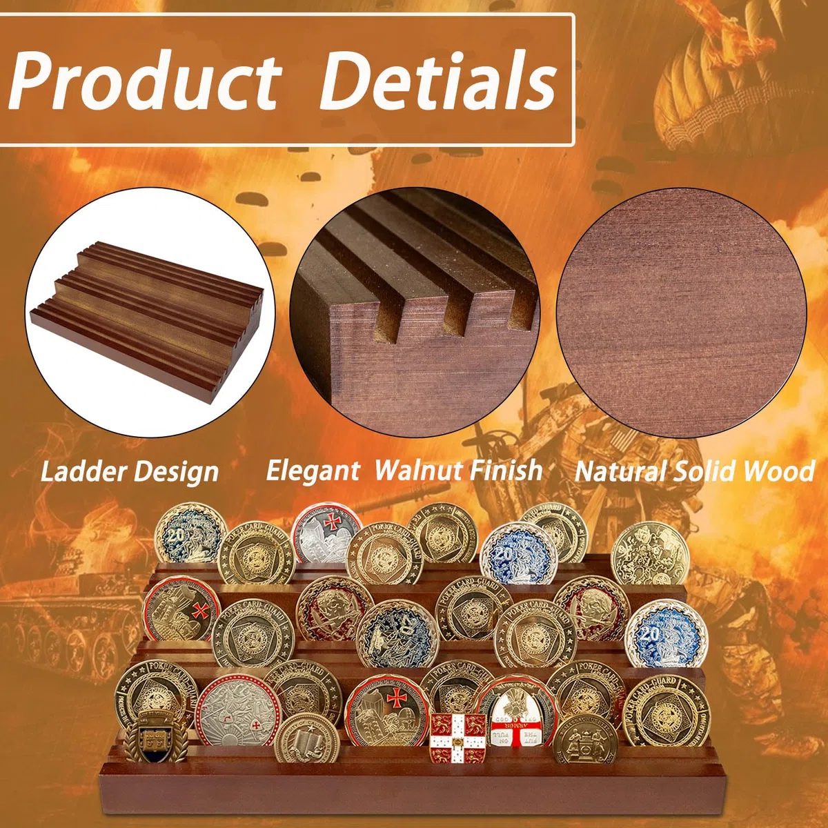 Rack di legno per le monete di sfida, espositore di monete militari a tre livelli, 9 file di esercito da collezione, cassa di supporto che contiene 55-80 monete-marrone scuro