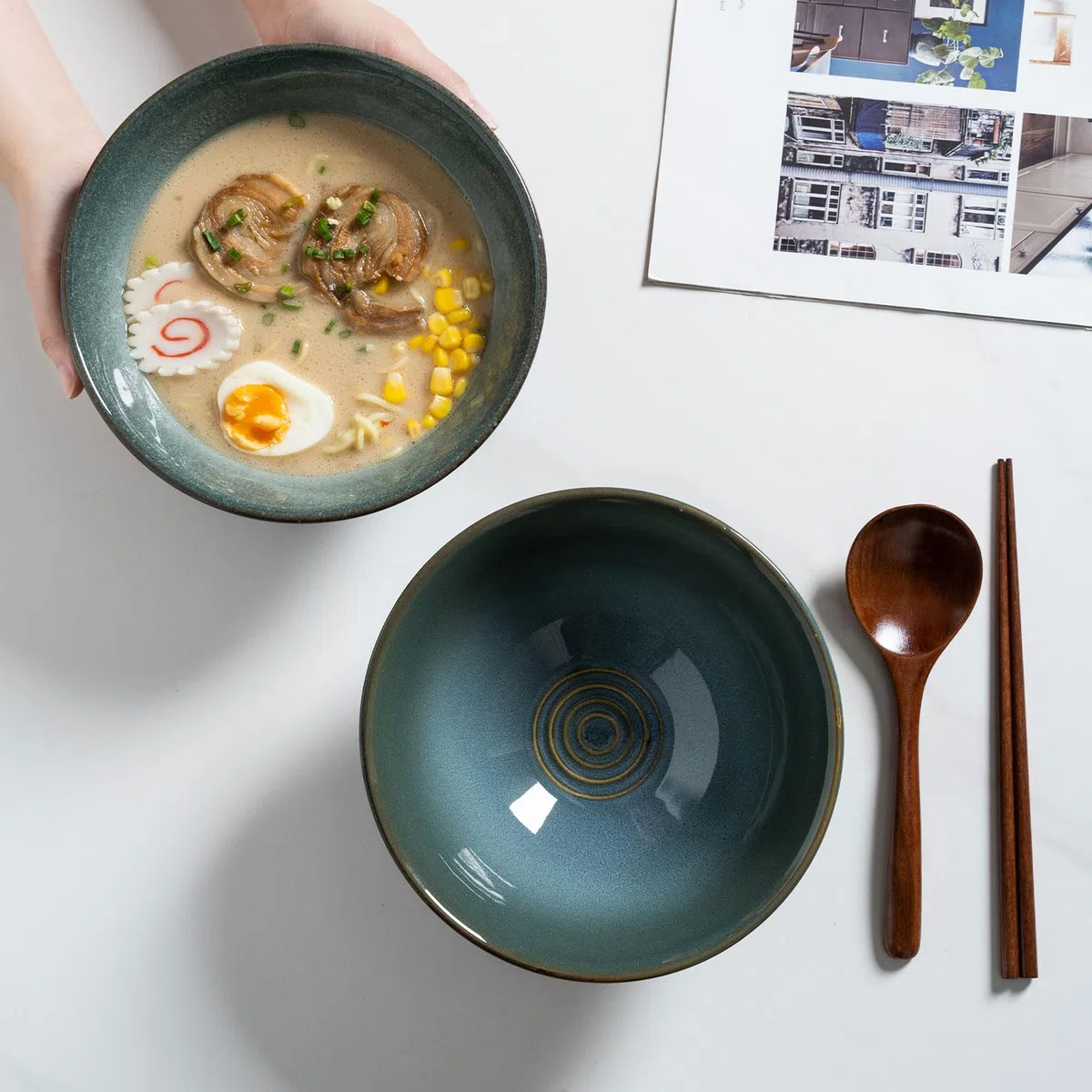 2 ciotole per ramen, in ceramica, 1200 ml, 20 cm, con spoon e chopsticks per Ramen Soup Pho Udon Asian Noodles, Large Noodle Bowls (smalto verde 2 set)