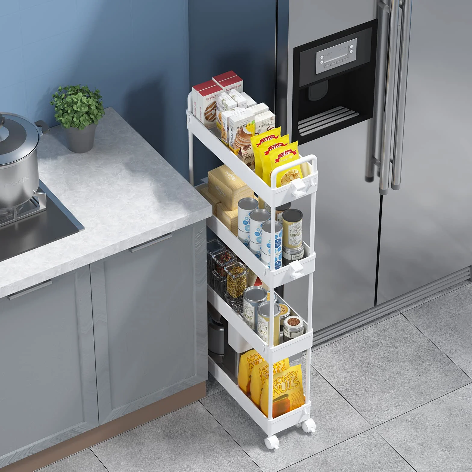 SOLEJAZZ Carrello portaoggetti a 4 ripiani Carrello scorrevole e scorrevole Carrello portaoggetti mobile per cucina, bagno, lavanderia, camera da letto, spazi stretti, plastica, bianco