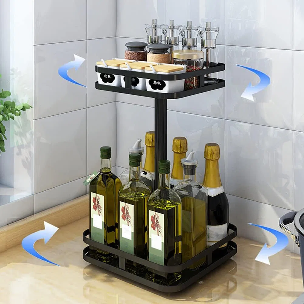 YunNasi Porta Spezie per Cucina Portaspezie Girevole In Acciaio Inox Nero Lazy Susan Organizer Scaffale da Cucina (2 Tiers, Quadrato)