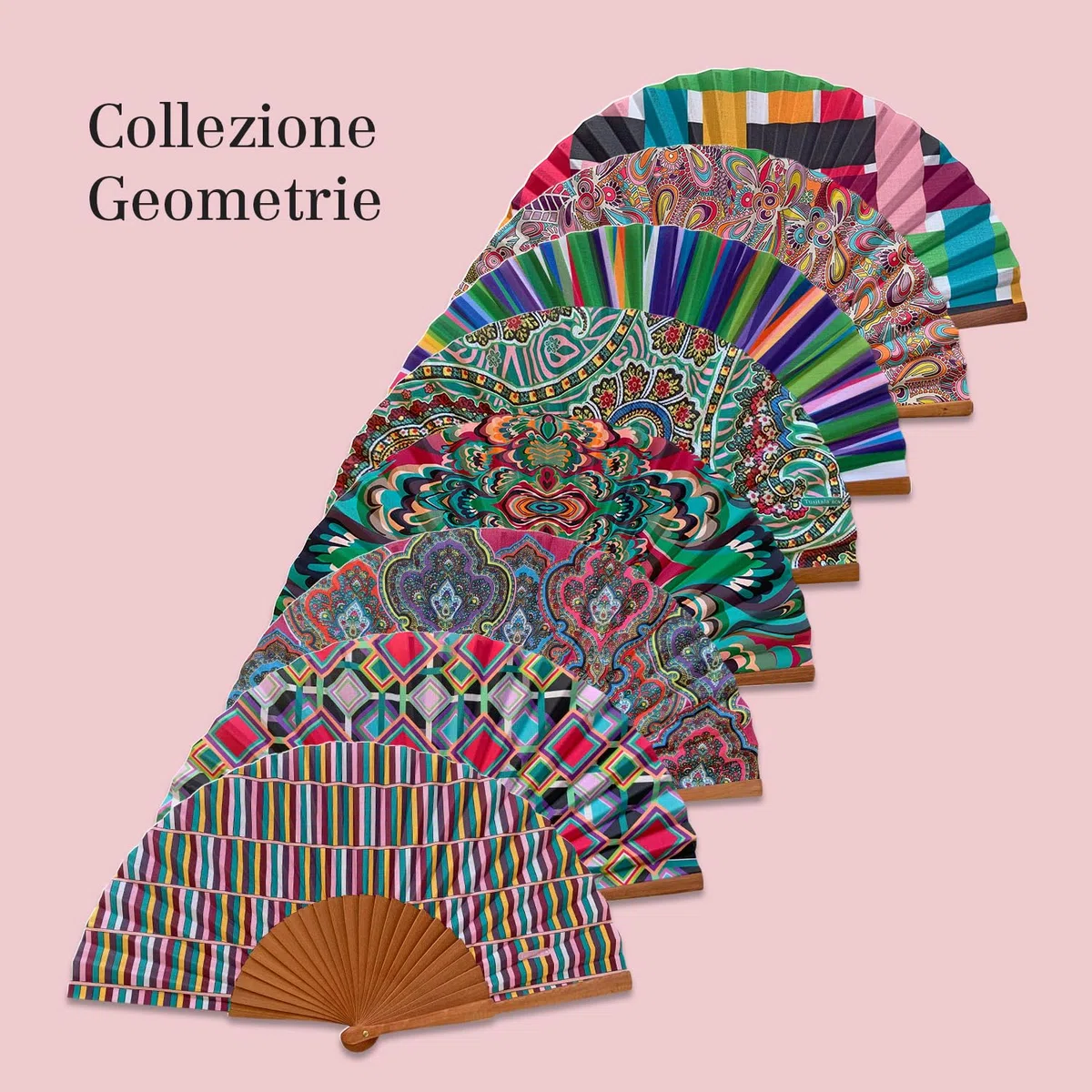 Ventaglio spagnolo Mil Rayas - Legno e cotone - 23 cm - Custodia in yute natural - Accessorio moda - Fatto a mano in Spagna - Eventi e regali - Collezione Geometrie - Tusitala Barcelona