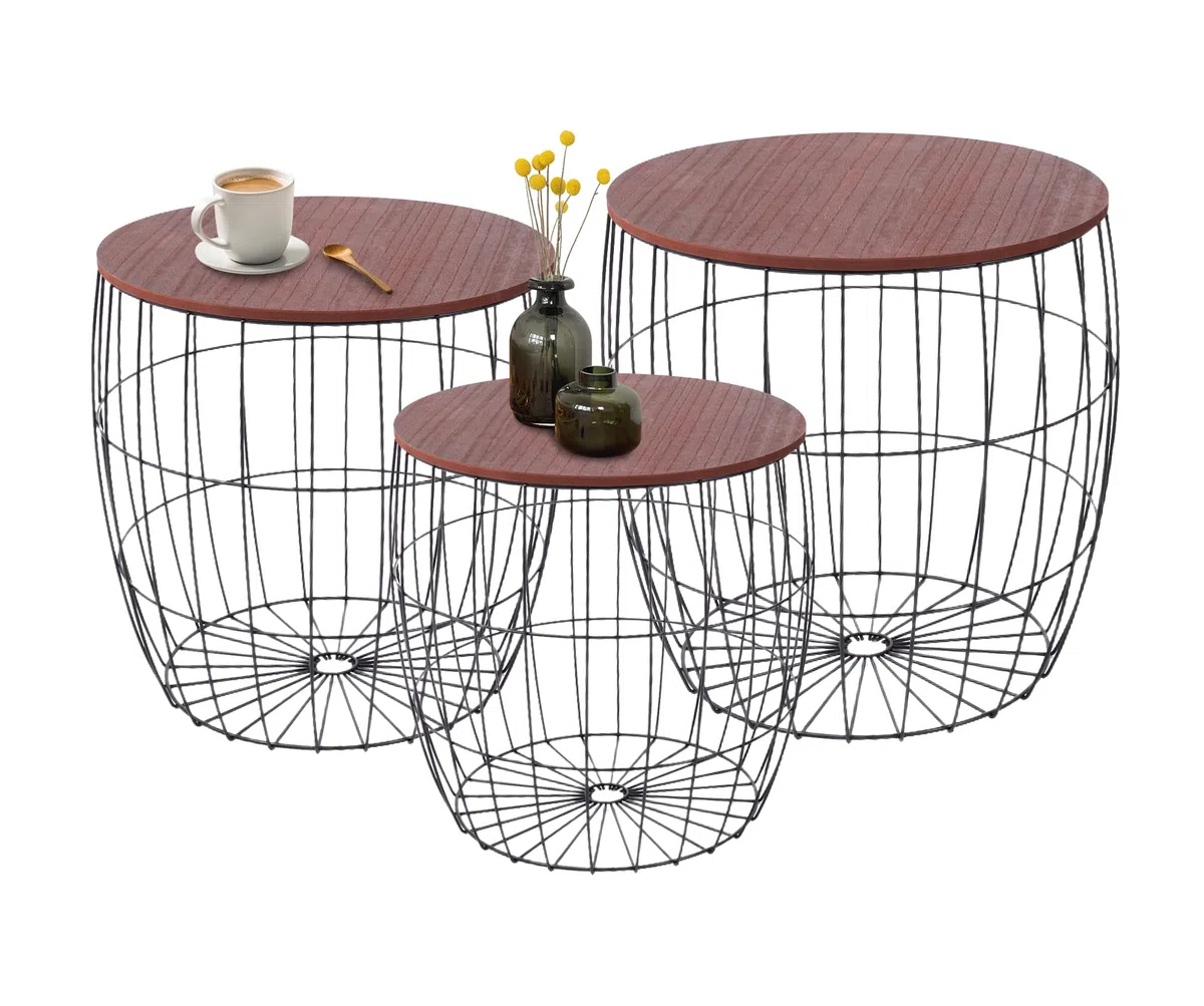 IlGruppone Set 3 Tavolini Da Salotto Sovrapponibili Caffe' Rotondi Design Moderno Tavolo Divano Top In Legno Struttura In Acciaio Stile Industrial Vano Porta Oggetti - Marrone - Modello 1