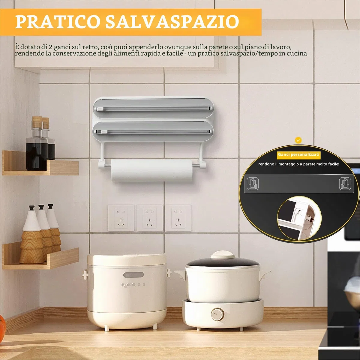 Dispenser e Taglierina Magnetica per Pellicola Trasparente - Supporto per Rotolo da Cucina 3 in 1 Montato a Parete, Quasziwa Dispenser Carta Stagnola in Alluminio con 50M Pellicola Alimentare, Bianco