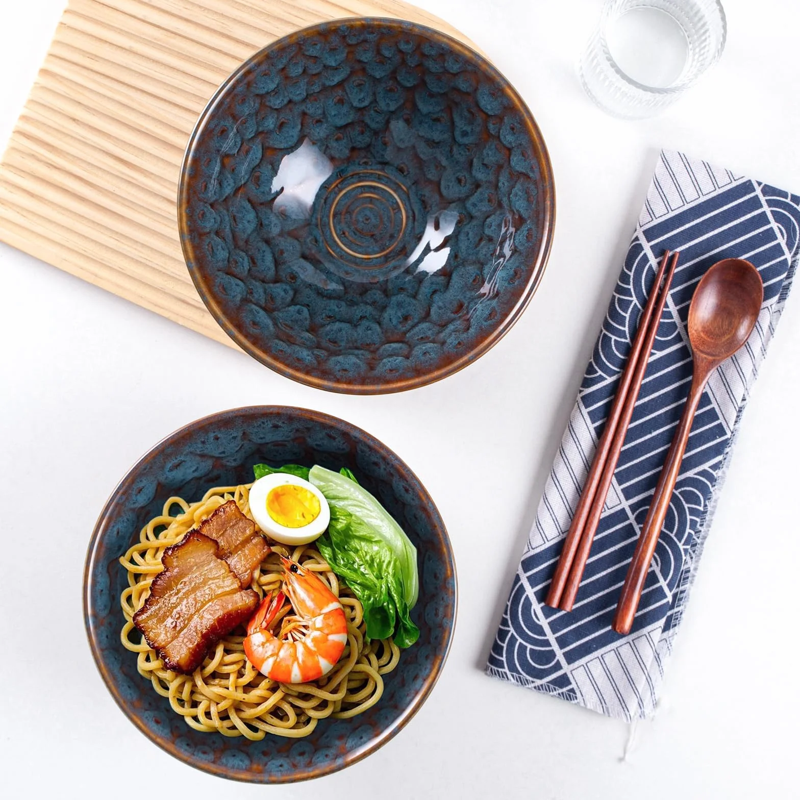 Set di 2 Ciotole Ramen Bowl Giapponesi in Ceramica per Ramen, Da 1200 ml, Con Cucchiai e Bacchette, Coda Di Pavone