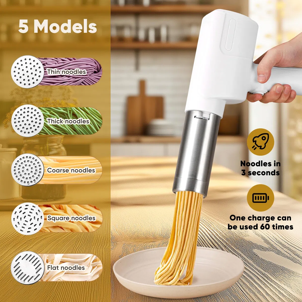 Wireless Macchina per la Pasta Elettrica Macchina per Pasta Fresca con 5 Modalità e 2000 mAh,Automatica Macchina per Uso Pasta per Picnic o Domestico