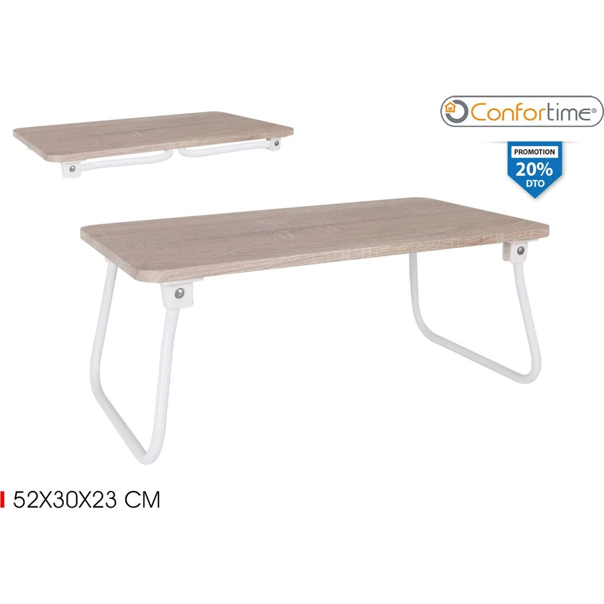 Confortime Tavolo Pieghevole in Legno 52x30x23 cm con Gambe in Metallo Bianco, Tavolino Portatile per Letto, Divano, Colazione o Computer, Scrivania Compatta per Casa e Studio