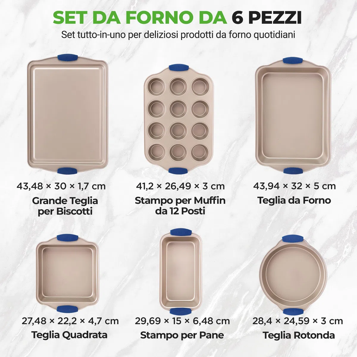 NutriChef Set 6 Teglie da Forno Antiaderente, Acciaio al Carbonio con Manici in Silicone, Stampo per Pane, Stampo per Muffin/Cupcake, Padelle da Arrosto Rotonde e Quadrate, Foglio per Biscotti