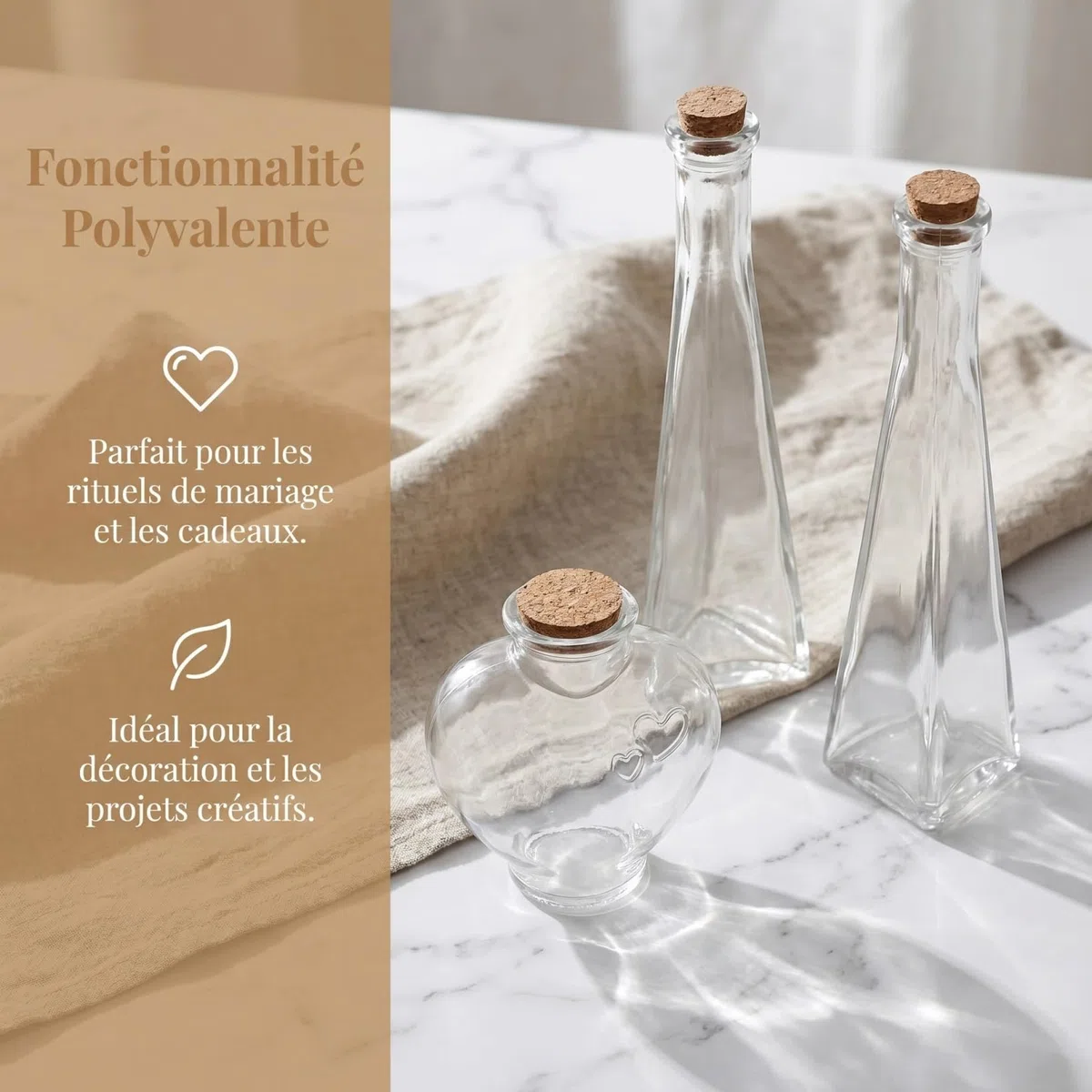 FOMIYES Set di bottiglie per cerimonia di sabbia da matrimonio 3 pezzi di vetro trasparente a forma di cuore e prisma con coperchi decorativi per fai da te e desideri