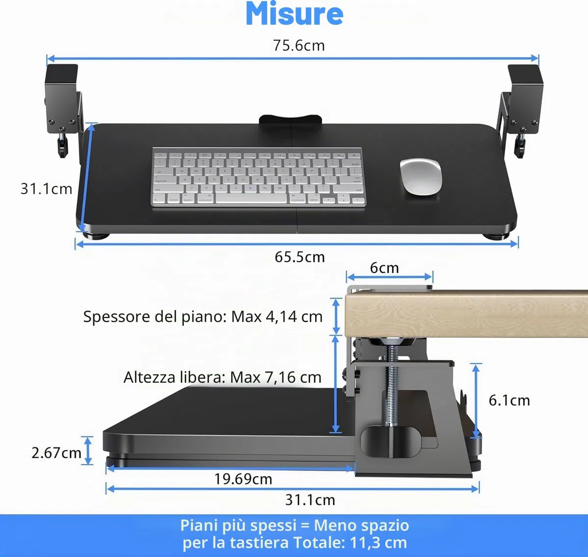 XINLEI Supporto per Tastiera Sotto Scrivania con Morsetto a C Grande, Cassetto Estraibile per Tastiera e Mouse, Dimensioni 75,6 cm (Lunghezza Totale) x 31,1 cm, Supporto per Scrivania Regolabile, DSF4