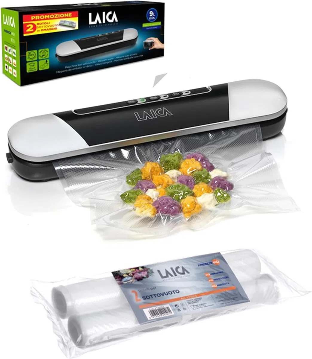 LAICA Sigillatrice a Caldo e Macchina Sigillatrice Sottovuoto per Alimenti - Design Compatto, Conservabile in un Cassetto - Preservazione dei Cibi Freschi e Cotti - con Fornitura 2 Extra di Sacchetti