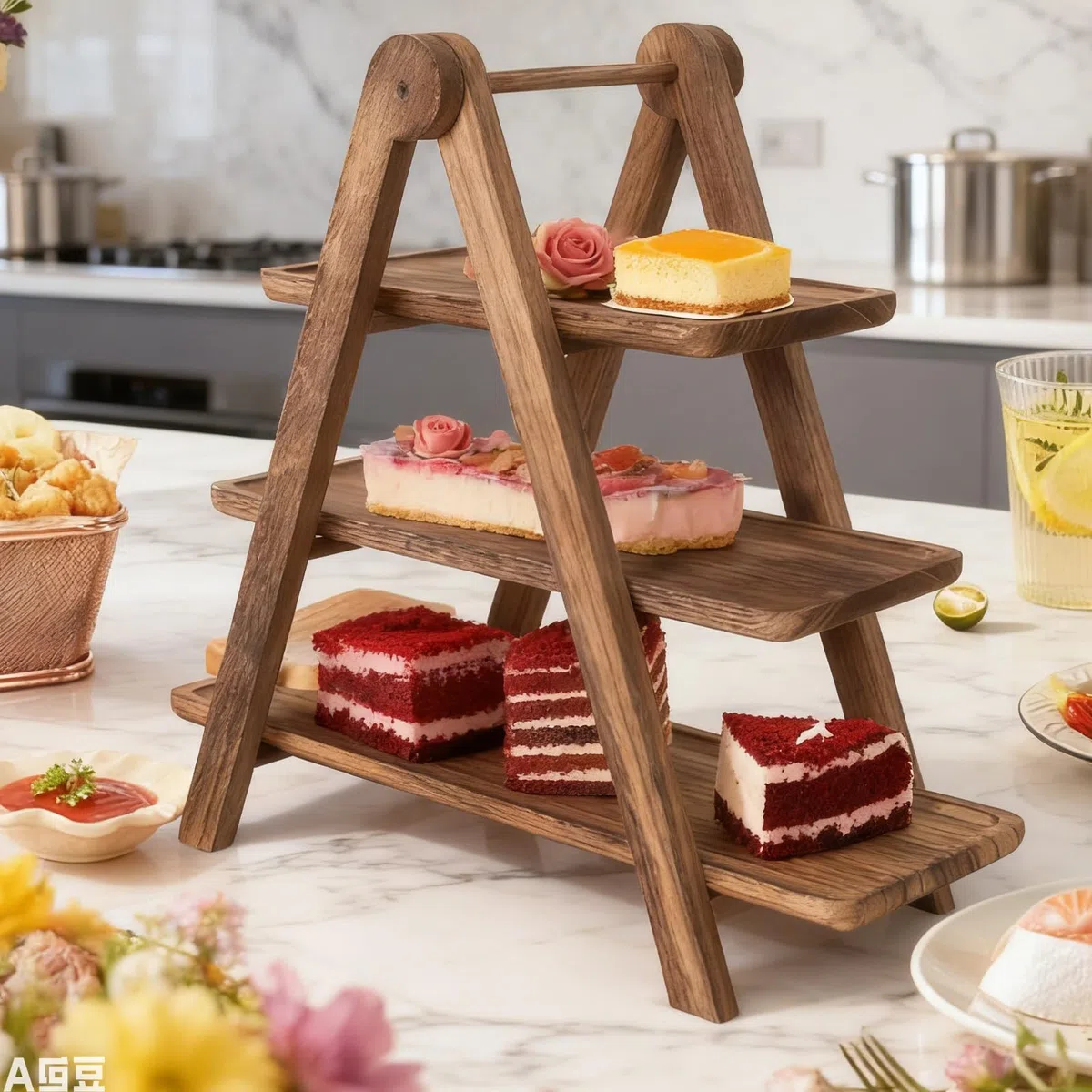 Vassoio Da Portata A 3 Livelli, Espositore Per Dessert A 3 Livelli Con Superficie Per Alimenti, Alzatina Per Dolci In Legno Pieghevole, 3 Vassoi In Legno Per Cupcake Per Dolci, Snack E Formaggi, Porta