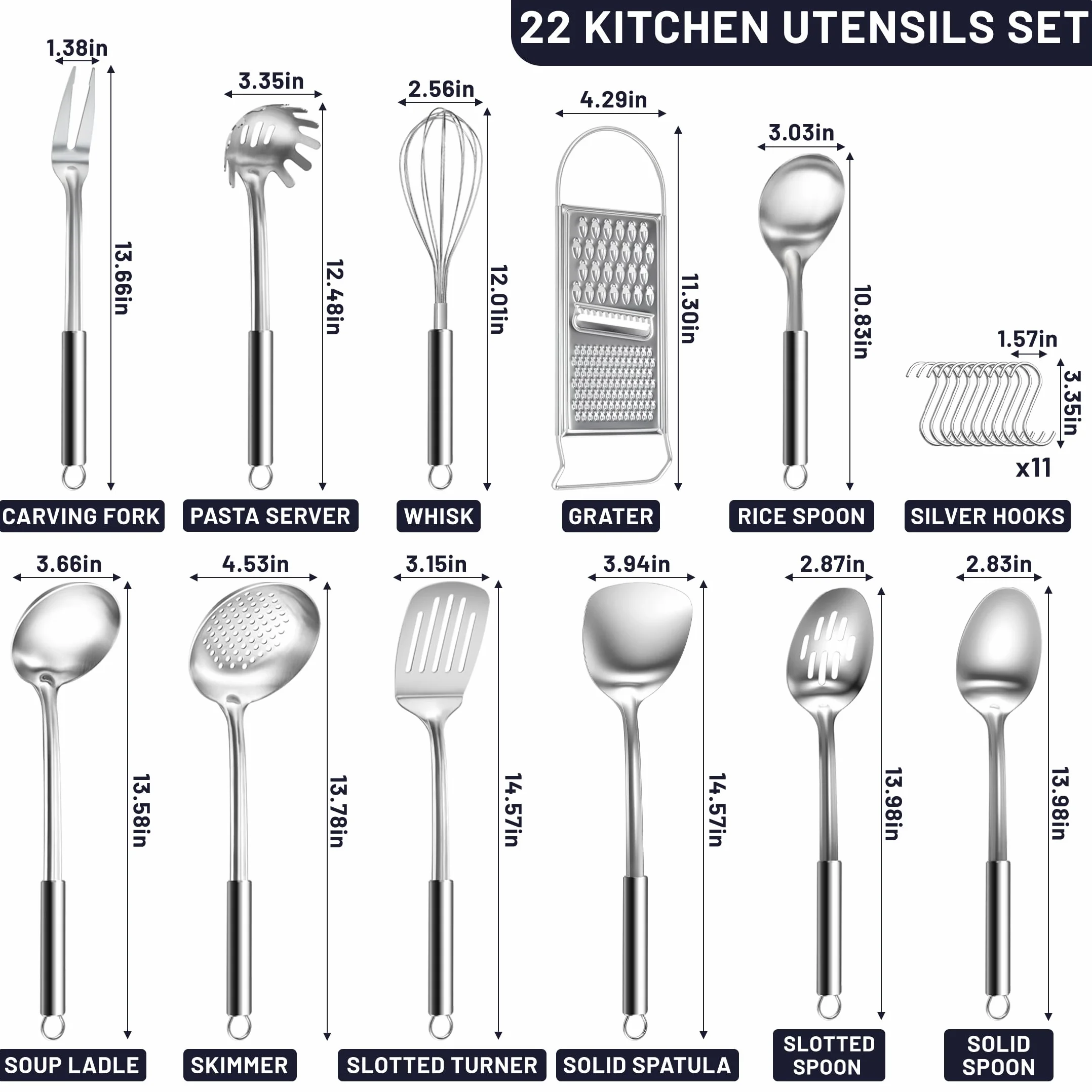 Bestdin Set di Set Utensili Cucina – 12 Pezzi di Utensili da Cucina in Acciaio Inossidabile, Resistenti al Calore, con Ganci, Contiene Accessori da Cucina come Mestoli Cucina, Spatola