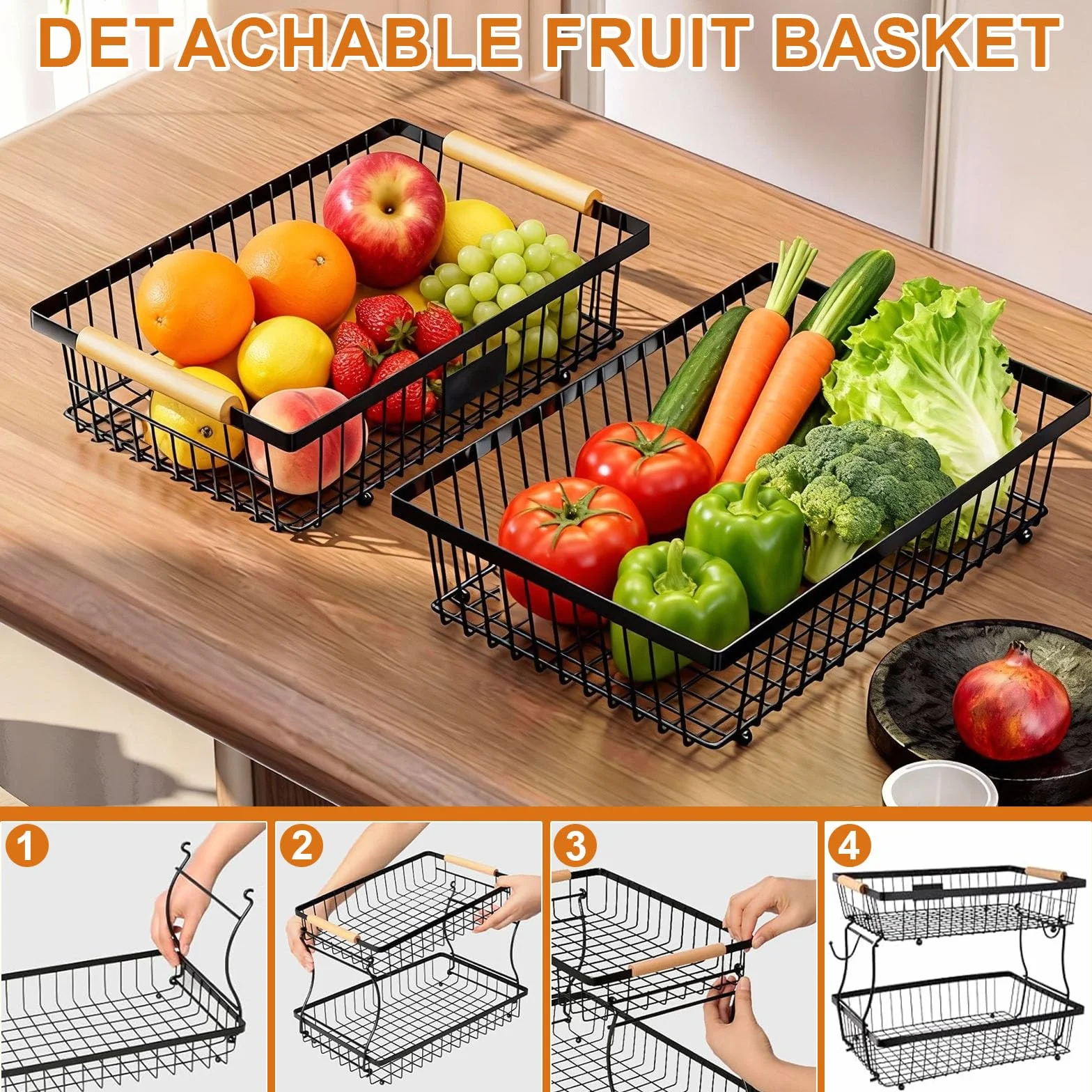 Porta Frutta da Tavolo, Portafrutta a 2 Piani, Porta Frutta Cucina con Manico in legno per Conservare Frutta,Snack e Verdura (Nero)