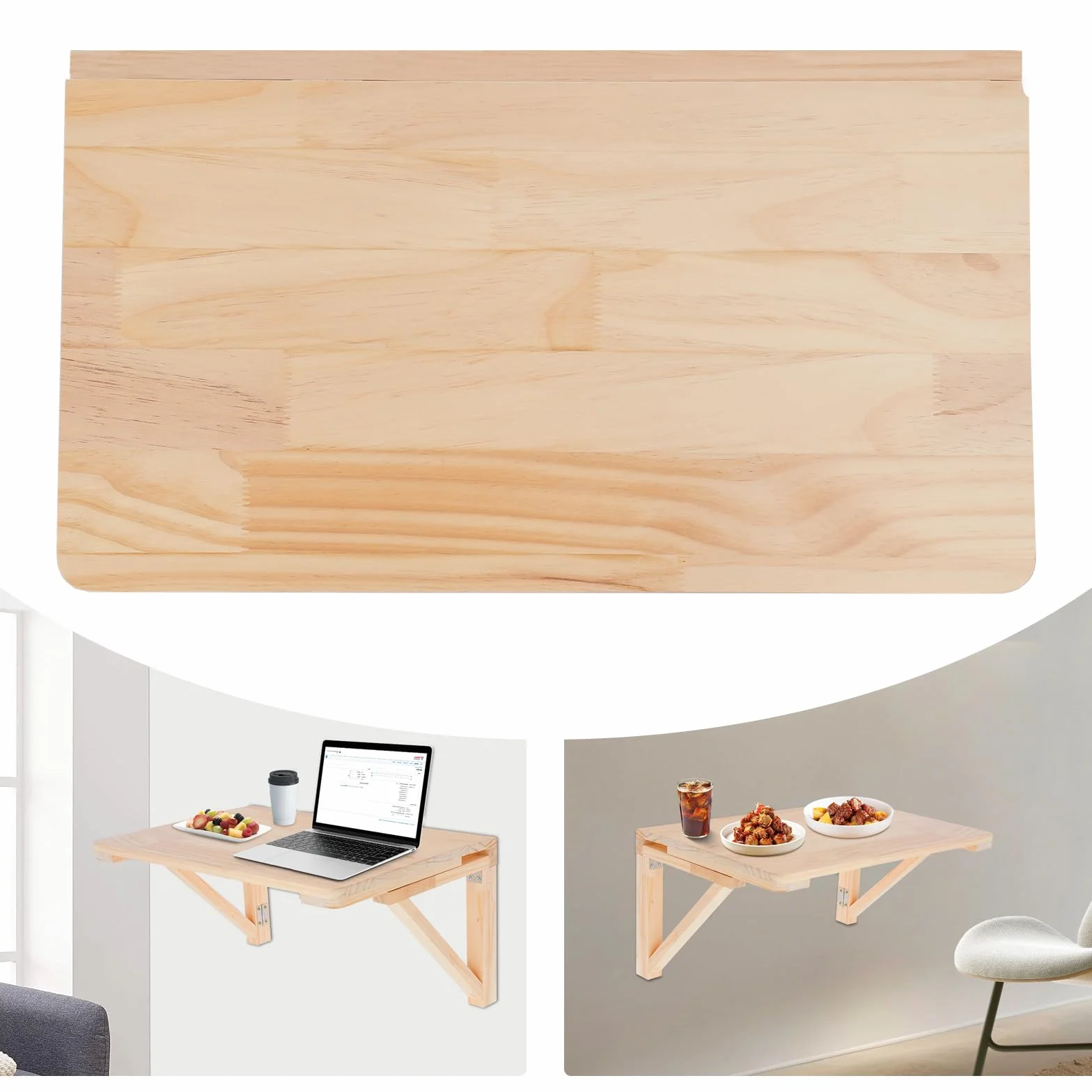 Tavolo pieghevole da parete, in legno di pino – 60 x 40 cm, pieghevole e salvaspazio, per home office/cucina/balcone, con accessori di montaggio (60 x 40 cm)