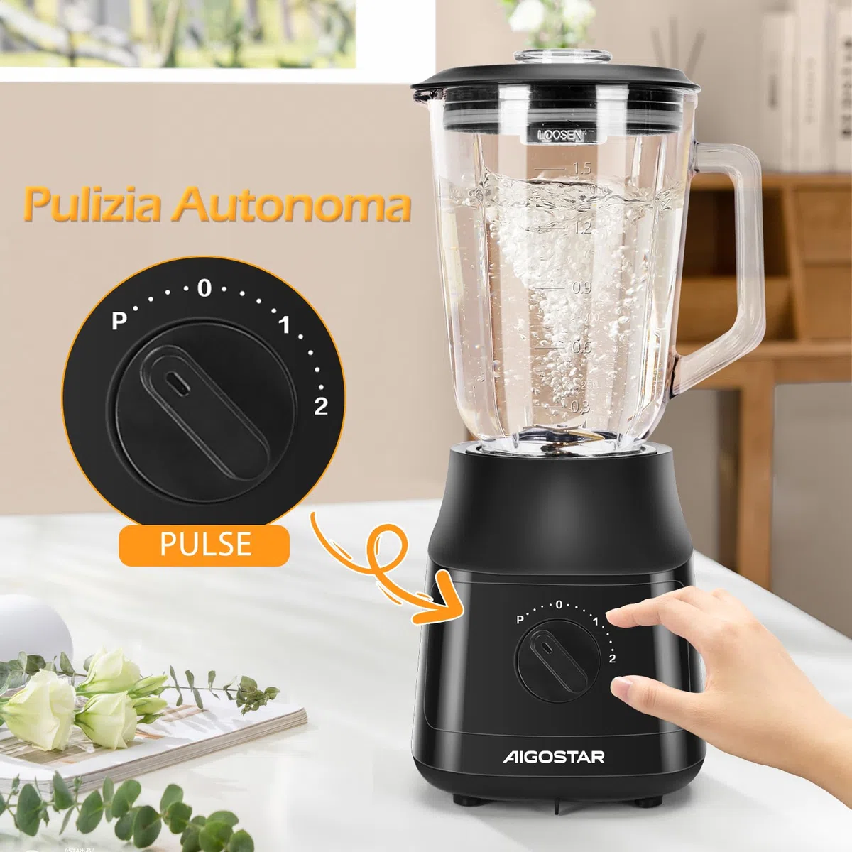 Aigostar Frullatore Elettrico, Frullatore da Tavolo con 1.5L Vaso in Vetro Termoresistente, 4 Lame con Rivestimento in Titanio, 800W, 2 Velocità e Funzione Pulse, per Frullati e Purea，Swift.