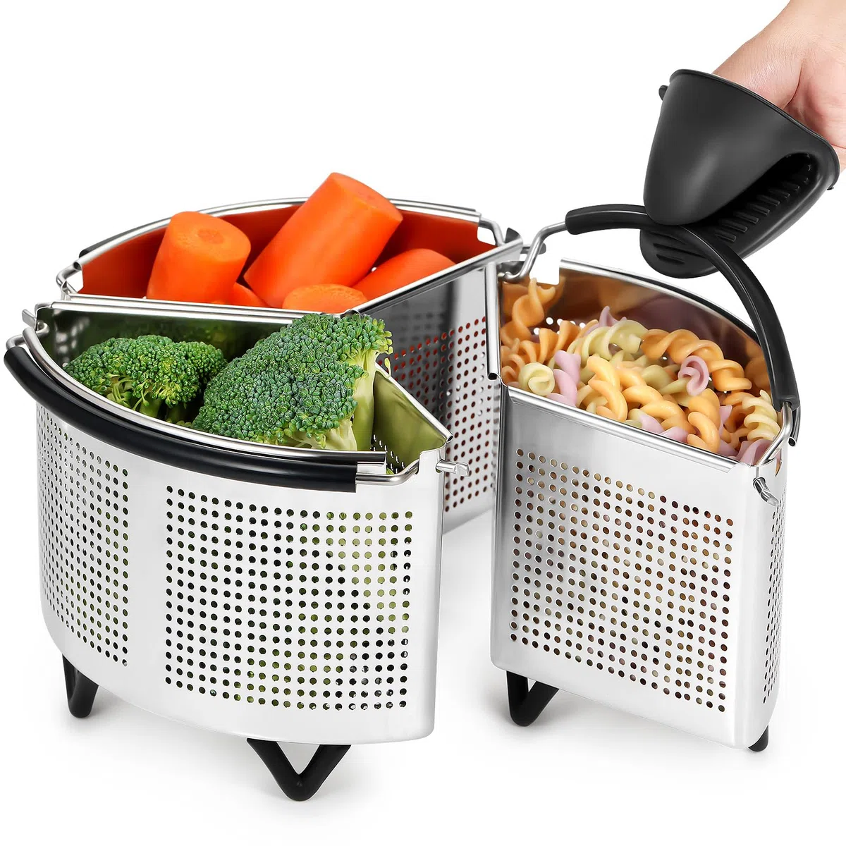 ecooe Cestello per Pasta Separata in Acciaio Inox, 3 Pezzi Cestelli Divisori per Pasta Individuali con Manici e Basi, Guanti in Silicone, Divisore per Cottura Pasta di Pasta, Verdure e Uova (19 cm)