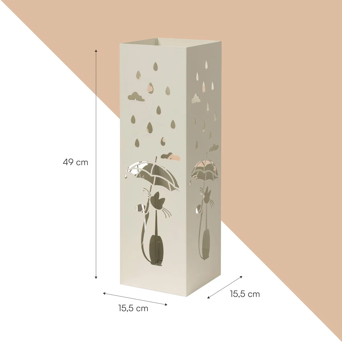 Baroni Home Portaombrelli Design Moderno Porta Ombrelli in Metallo Bianco con Gatto con 2 Gancini e Vaschetta Scolapioggia Rimovibile 15,5X15,5X49 cm