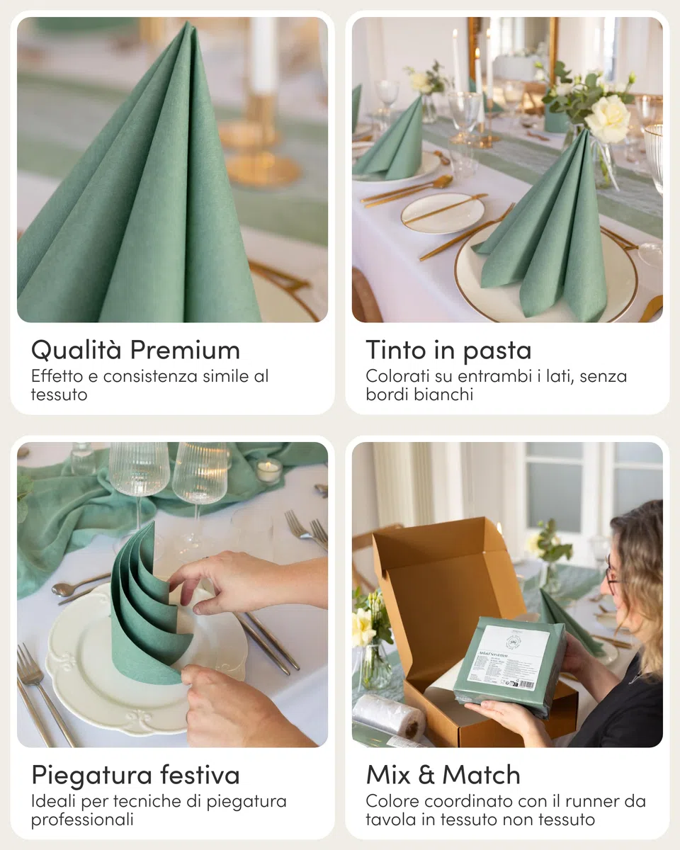 100% Mosel Tovaglioli in Airlaid, 50 Pezzi (40 x 40 cm), in Verde Eucalipto – simili al tessuto & tinti in massa – Decorazione tavola premium per matrimonio & compleanno