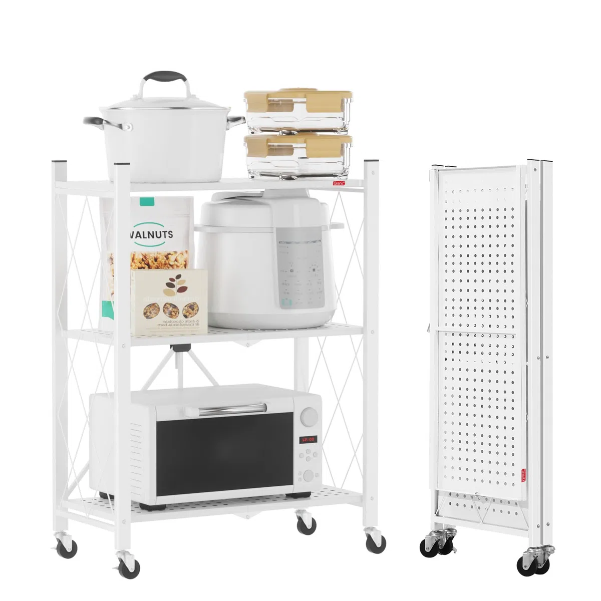 DEANIC Scaffali pieghevoli in metallo, a 3 ripiani, 61 x 85 x 28 cm, mensole angolari da cucina su ruote, mensole per dispensa, libreria per soggiorno, colore: bianco
