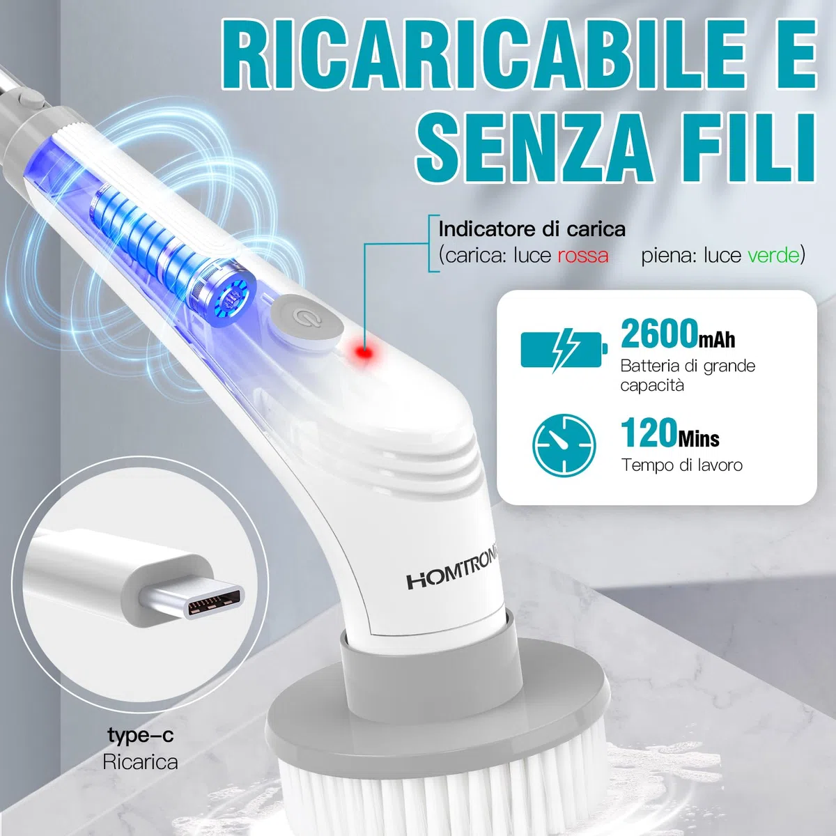 Spazzola Elettrica Rotante, [Nuova Versione] Homtronics Spazzola Elettrica per Pulizia, Impermeabile IPX8 Spazzola Rotante Pulizia Casa con 10 Testine Sostituibili per Bagno Vasca Cucina Auto