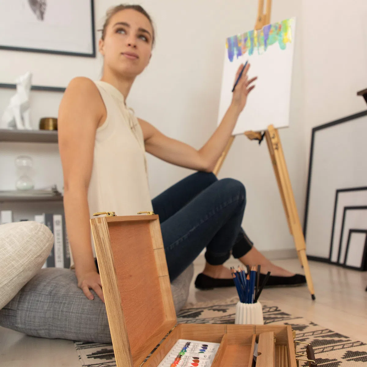 Relaxdays Valigetta Pittore, 22 pz,Set Disegno in Legno, Manichino, Tavolozza, Pennelli, Tela, Cavalletto, Colori,Legno
