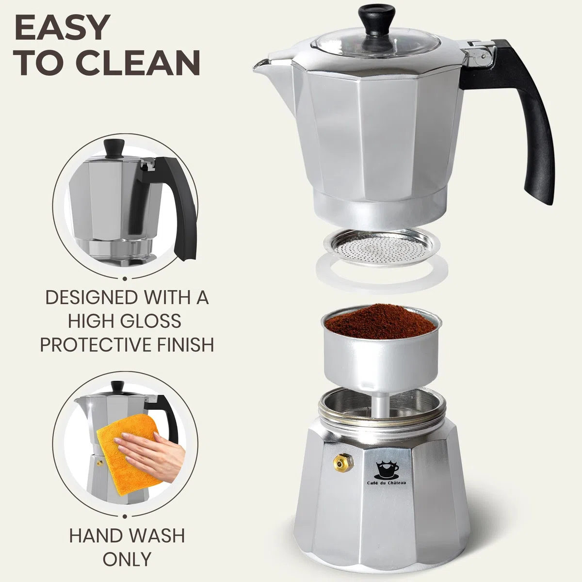 Cafe Du Chateau, caffettiera espresso 6 tazze, moka con coperchio superiore trasparente, finitura lucida, con cucchiaino da caffè