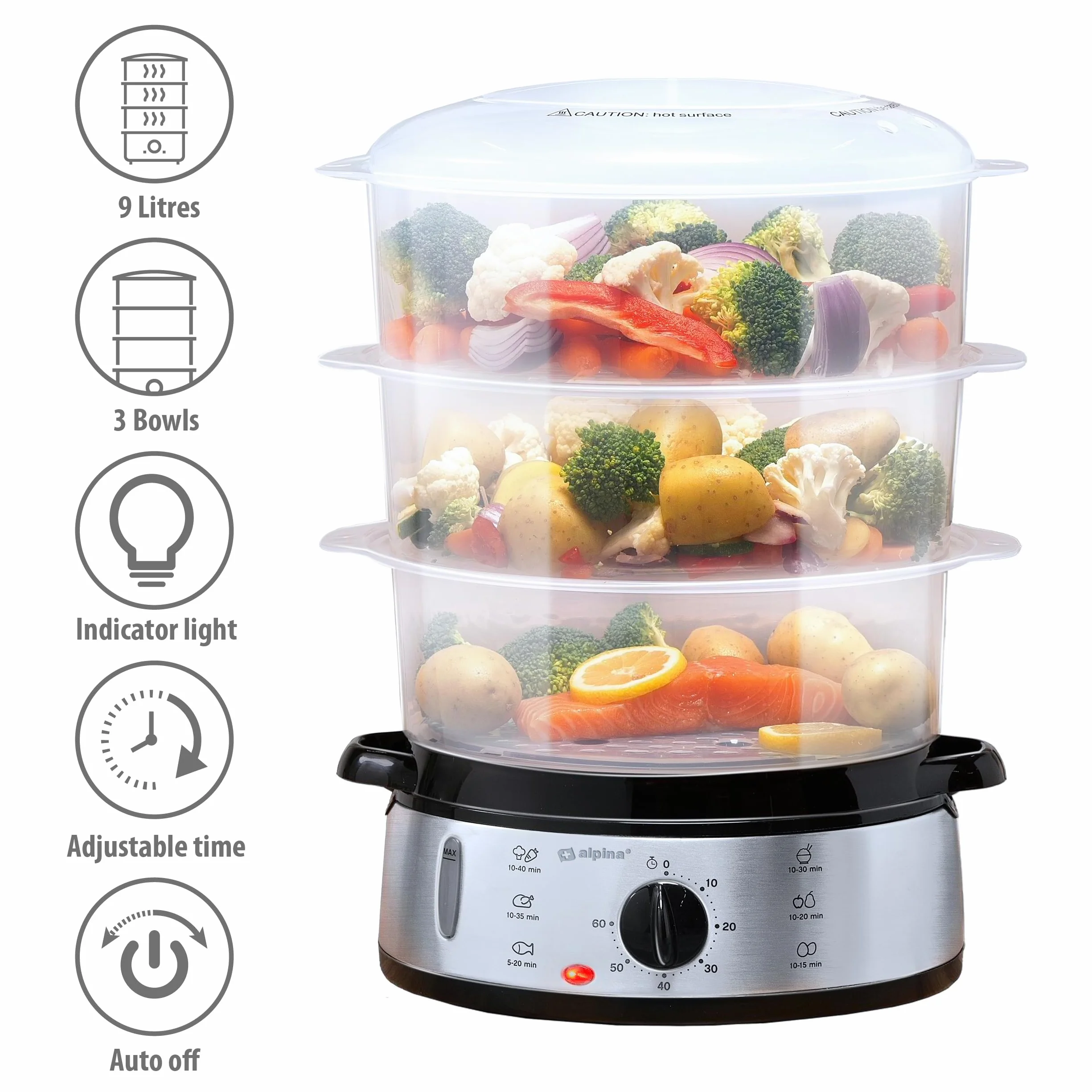 alpina Vaporeira Elettrica - Pentola a Vapore 800W - Steamer Vapore 3 Strati - Vaporiere Elettriche Senza BPA - Lavabile in Lavastoviglie - Da 0 a 60 Minuti - Capacità 9L - Grigio