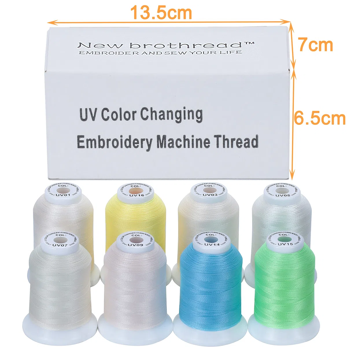 New brothread 8 Bobine UV Cambia Colore Kit Filo da Ricamo a Macchina 30WT 500M (550Y) ogni Bobina per Ricamo, Quilting, Cucito