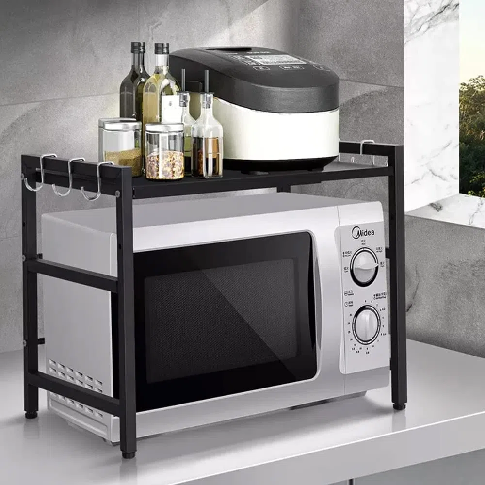 Supporto estensibile per forno a microonde con carico pesante, supporto per ripiano per forno a microonde ad altezza regolabile (40/64 x 45 x 36,5 cm (nero))